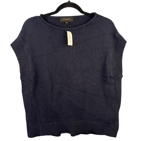 Banana Republic Navy‎ Cotton Wool Blend Sleeveless Sweater Size M Boxy Roll Neck - Picture 2 of 8